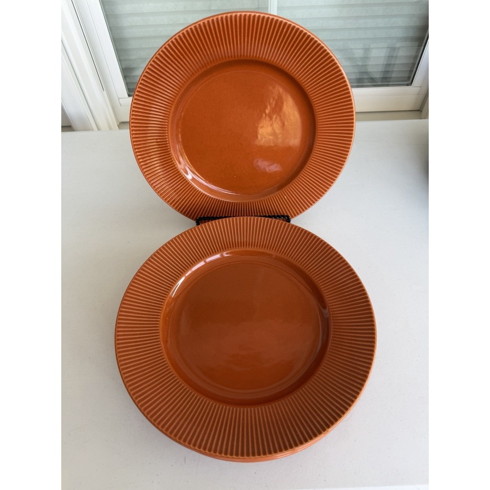 Pier 1 Radius Orange Stoneware Dinner Plates 10.5 " (4) Micro Safe New w/Tags